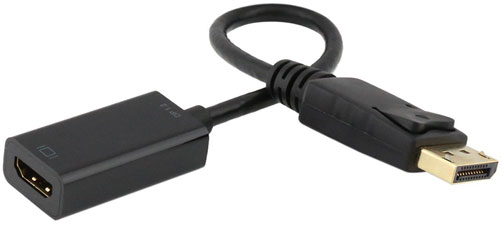  Front view of the Nippon Labs DP to HDMI adapter cable, showing DP plug and HDMI receptacle  